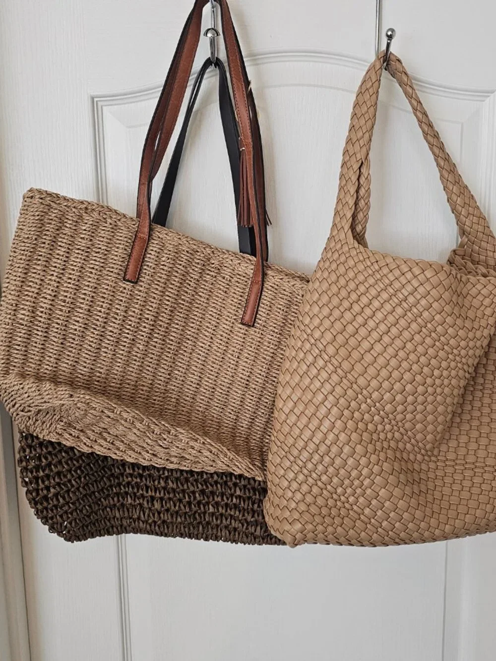 3 Pack of Woven Straw & Leather Tote Bags | Boho Summer Totes | Unbranded